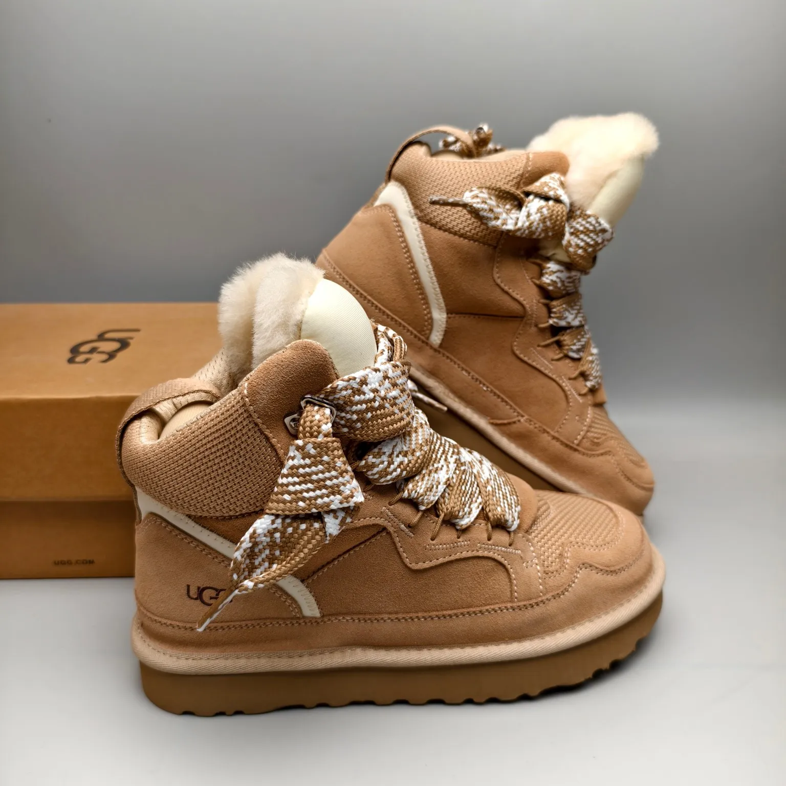 💰640 UGG sheepskin all-in-one snow boots 5390 wide lace breathable mesh casual boots Color: Maroon Black Sand Size: 35-41